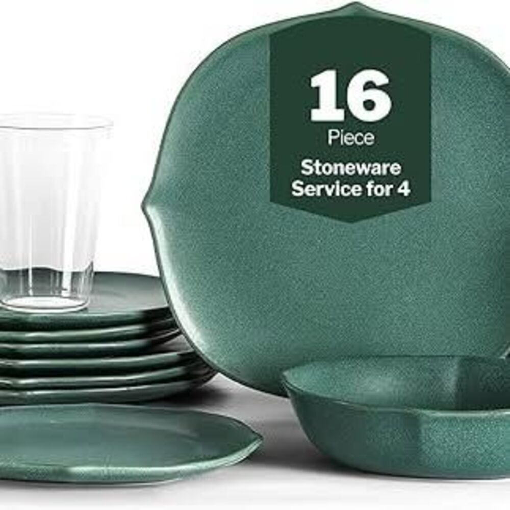 Stone Lain Baskerville16 Pc Dinnerware Set Stoneware, Borosilicate Glass Green